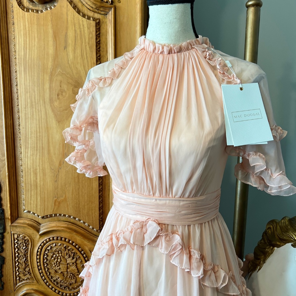 NWT Mac Duggal 2 Apricot Ruffle High Neck Prairie Period Dress 68458 68425 68222 - Picture 2 of 9